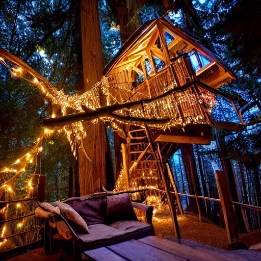 Image similar to cozy treehouse in redwood forest at night with globe lights and fairy lights
