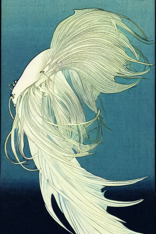 Prompt: a graceful iridescent white betta fish with long swirling fins, black-water-background, traditional Japanese painting, hiroshige, artstation, alphonse-mucha