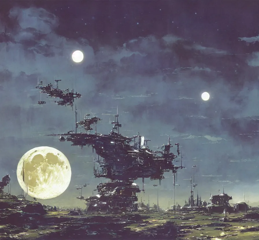 Image similar to metal waning moon matte painting, peter elson, chris foss, john berkey