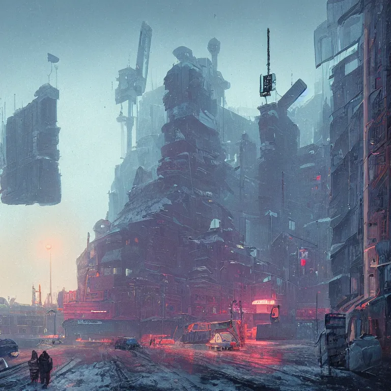 Image similar to cyberpunk depiction of the city of gdansk during arctic conditions by simon stalenhag