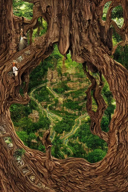 Prompt: fantasy art of a miniature city carved into the trunk of a single colossal tree in the forest, awe - inspiring, highly detailed digital art