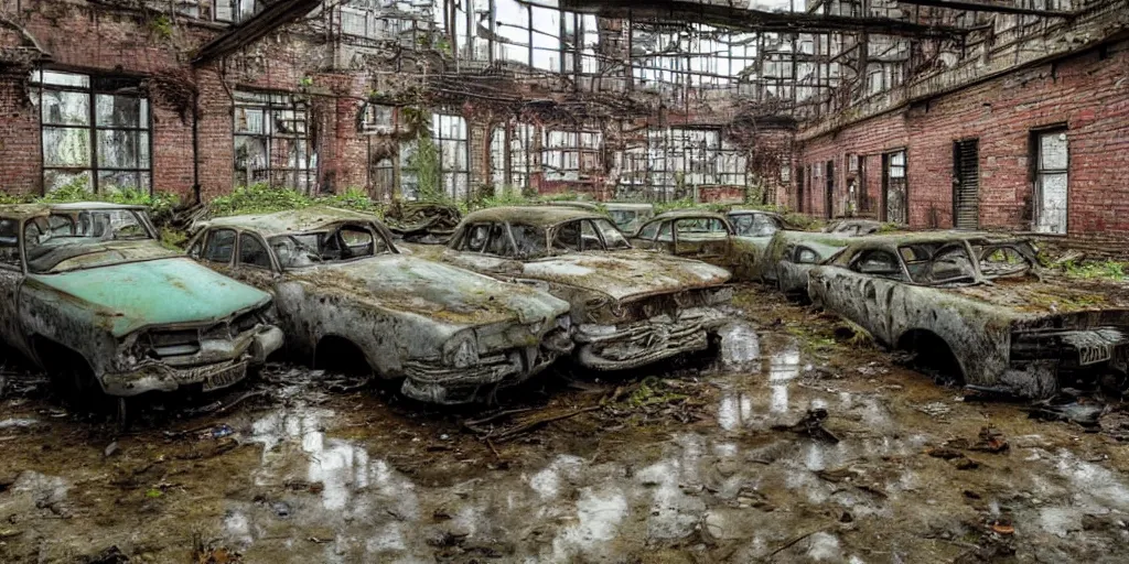 Prompt: an old decayed factory with holes in the roof where rain is leaking and puddles on the floor show reflections of 1 9 2 0's abandoned cars left to rot in an overgrown field, rusty