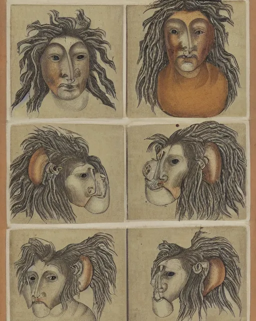 Image similar to zmei gorynich with four heads. one human head, second eagle head, third lion head, fourth ox head. drawn