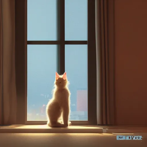 Image similar to Big european shorthair cat and small fluffy kitten, napes, in the apartment room looking to window in a cyberpunk city, soft god rays from city lights outside the window, unreal engine 5, soft neon atmosphere, photorealistic, soothing colors, somber melancholic matte painting, hyperrealism, hyperrealistic, cinematic masterpiece, cyberpunk style 8k ultrahd octane render