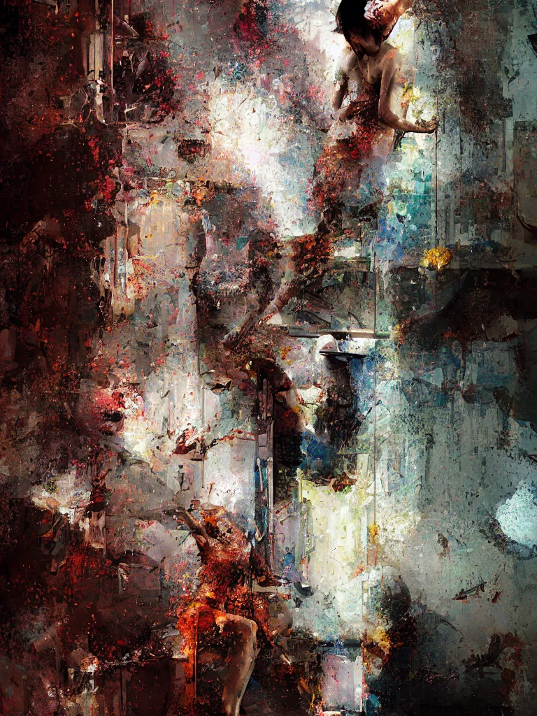 Image similar to a beautiful painting by robert proch and christian hook of a woman taking a shower in a glitched bathroom, metal rust and plaster materials, pixel sorting, color bleeding, brushstrokes by jeremy mann