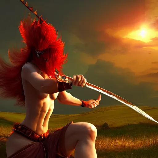 Prompt: Beautiful red haired warrior priestess in action pose practising in the monastery, sunset, backlit, digital art, trending on ArtStation