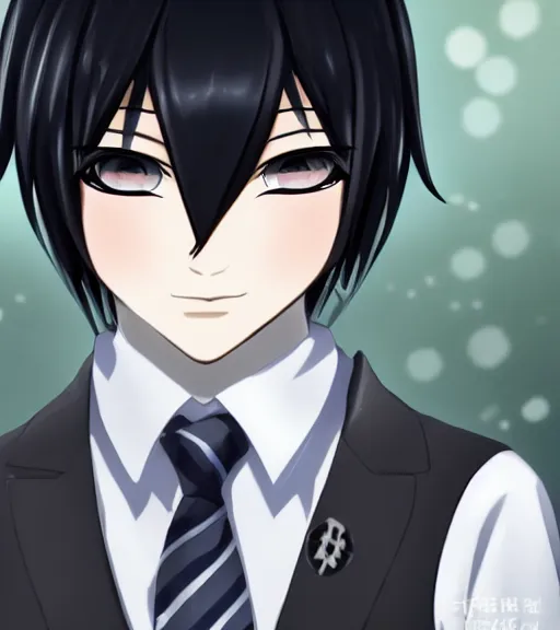 Prompt: a professional 8 5 mm portrait photograph of shuichi saihara from danganronpa, an 1 8 year old japanese man with gray eyes, long eyelashes, feminine features, black school uniform, and dark blue hair, emo, thin eyebrows, beautiful features, detective