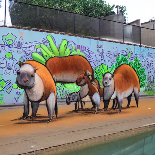 Prompt: digital street art a bunch of capybaras in the community pool