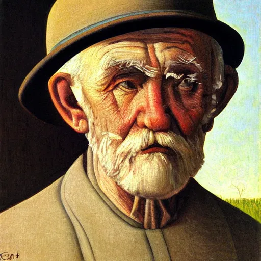 Image similar to detailing character portrait painting of old man by Grant Wood, on simple background, painting, middle close up composition