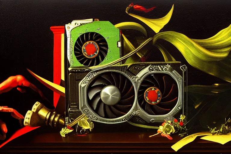 Image similar to a vanitas painting depicting an NVIDIA RTX A100 GPU, graphics card