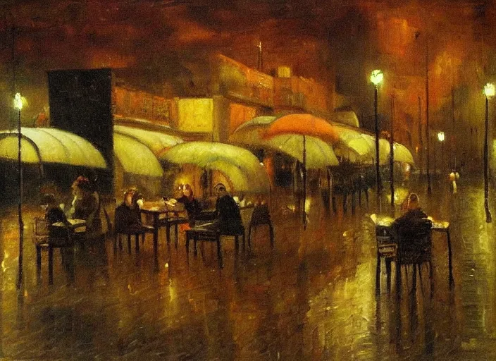 Image similar to being alone at a cafe on a melancholic rainy night by ardon, mordecai, oil painting