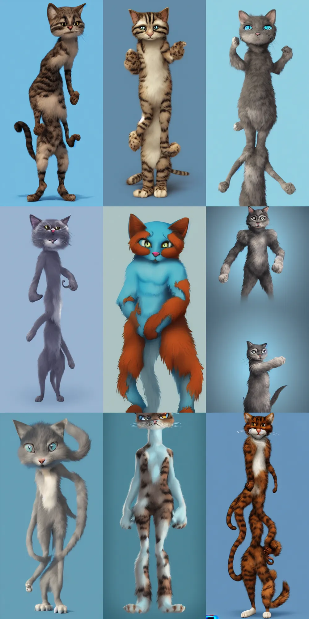 Prompt: An anthropomorphic furry cat, full body shot, light blue background, digital art, Artstation