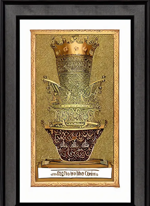 Image similar to sloth as the king of cups, copper cup, coper crown, poster framed, intricate details, medieval art style, high contrast, posterized