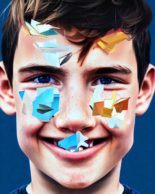 Prompt: digital art of smiling boy, shards of time, face portrait, centered portrait, illustration, highly detailed, simple, no jagged lines, smooth, artstation, artwork by obey, artwork by sandra chevrier