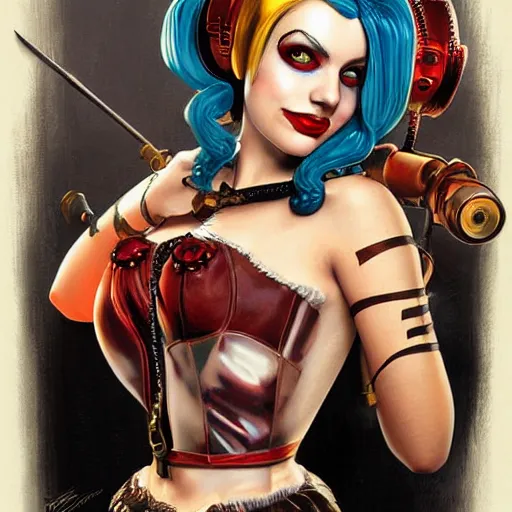 Image similar to lofi bioshock steampunk portrait of harley quinn cosplay, Pixar style, by Tristan Eaton Stanley Artgerm and Tom Bagshaw.