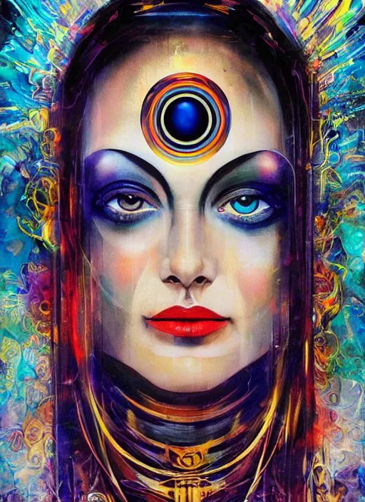 Image similar to collage of gorgeous magic cult psychic woman smiling, third eye, energetic consciousness psychedelic, epic surrealism expressionism symbolism, story telling, iconic, dark robed, oil painting, symmetrical face, dark myth mythos, by Sandra Chevrier Noriyoshi Ohrai masterpiece