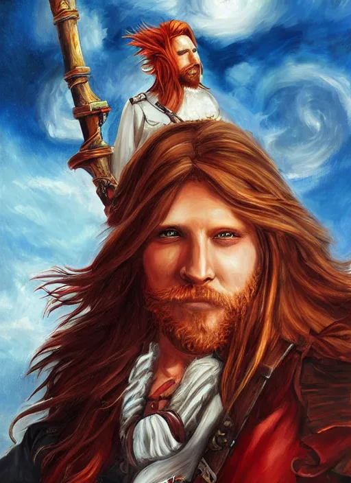 Prompt: epic fantasy portrait painting of a long haired, red headed male sky - pirate in front of an airship in the style of the king killer chronicles