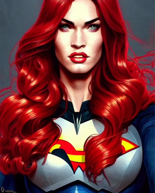 Image similar to portrait of megan fox as batwoman, dc, man of steel, intricate, headshot, highly detailed, digital painting, artstation, concept art, sharp focus, cinematic lighting, illustration, art by artgerm and greg rutkowski, alphonse mucha, cgsociety