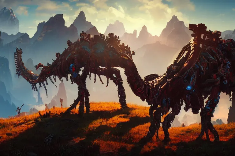 Image similar to grimhorn fanghorn machine mecanical creature robot of horizon forbidden west horizon zero dawn bioluminiscence global illumination ray tracing hdr fanart arstation by ian pesty and alena aenami artworks in 4 k