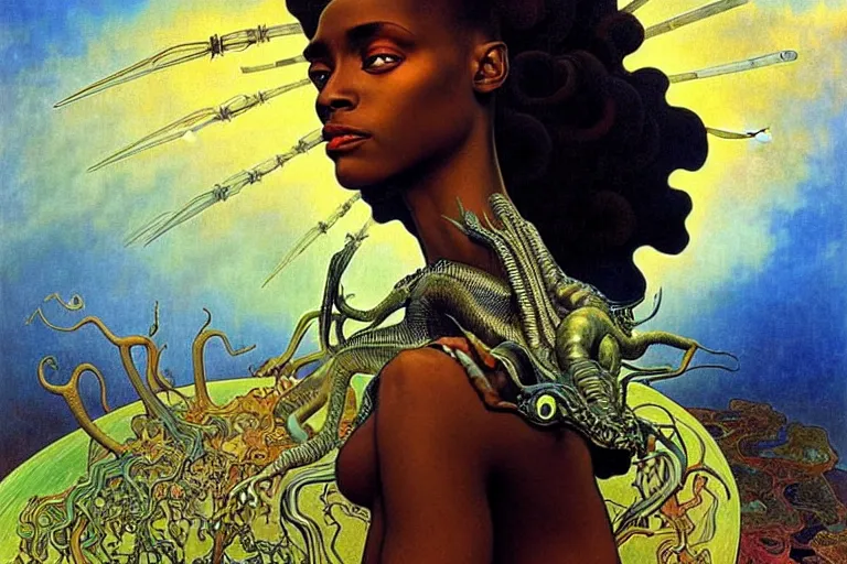 Image similar to realistic extremely detailed closeup portrait painting of a beautiful black woman wearing futuristic dress, dystopian landscape with a mutant dragon on background by Jean Delville, Amano, Yves Tanguy, Alphonse Mucha, Ernst Haeckel, Edward Robert Hughes, Roger Dean, rich moody colours