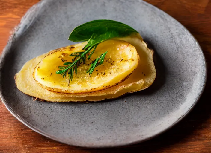 Prompt: potato on a pancake, professional food photography, studio lighting, plating