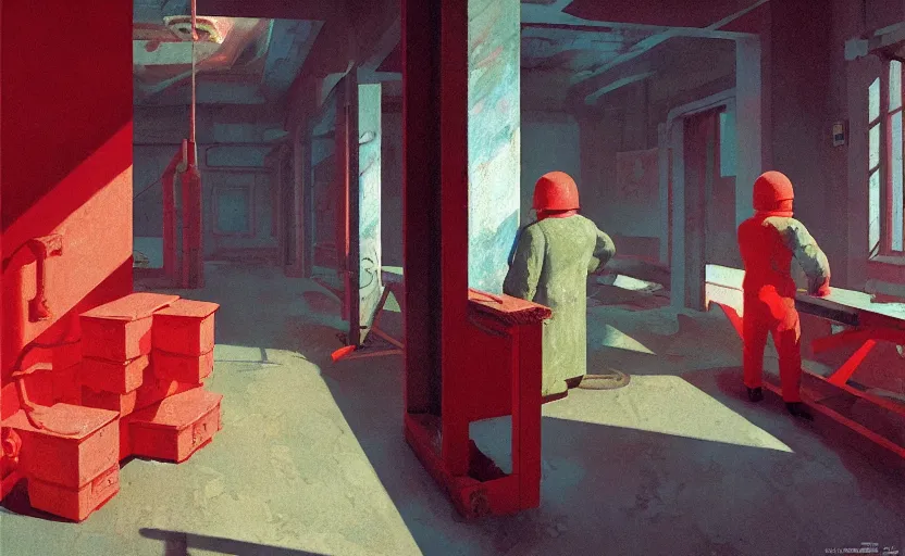 Image similar to Inside Soviet factories gulag, very coherent, painted by Edward Hopper, Wayne Barlowe, painted by James Gilleard, airbrush, art by JamesJean