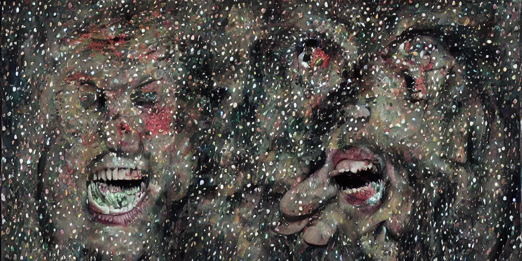 Image similar to camo made of teeth, smiling, abstract, francis bacon artwork, cryptic, dots, stipple, lines, splotch, color tearing, pitch bending, faceless people, dark, ominious, eerie, minimal, points, technical, old painting