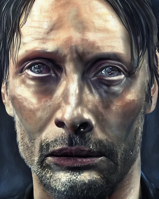 Image similar to mads mikkelson as clifford unger from death stranding, tears of tar, mysterious portrait, oil painting, black background