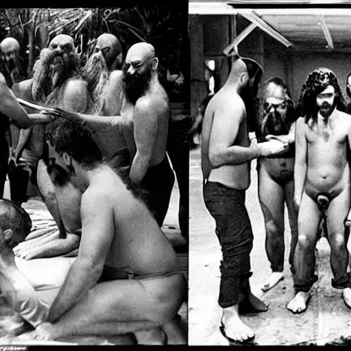 Image similar to secret photos of a cult hidden underground in brisbane. everyone must not wear pants, only shirts, all their hair is shaved off but beards are aloud. you must carry a large vegetable at all times. very creepy photos of this strange cult in the year 1 9 9 7