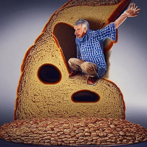 Prompt: man living inside a bread seen from outside, hyper detailed