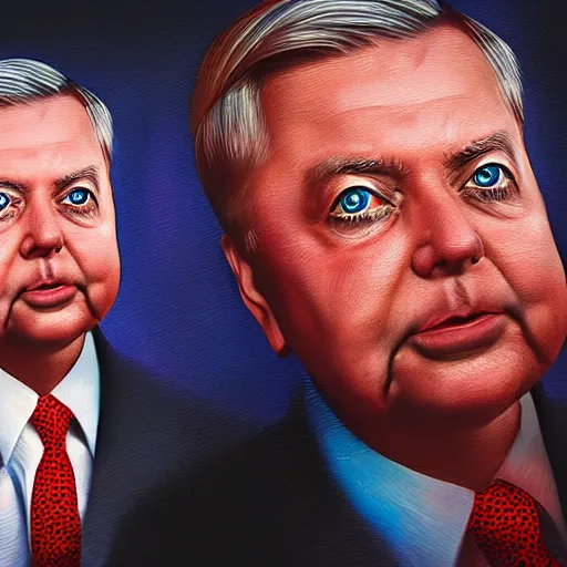 Prompt: one singular portrait of lindsey graham with ladybugs for eyes. highly detailed, digital painting, cinematics, hyper realistic. dark retrowave. by stanley lau, villeneuve, barloe