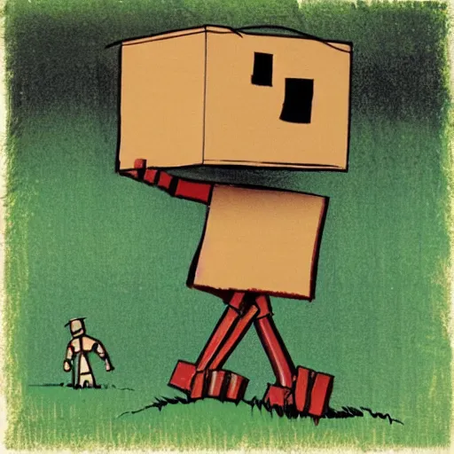 Prompt: robot made of a cardboard box, walking through the forest, in the style of Norman Rockwell