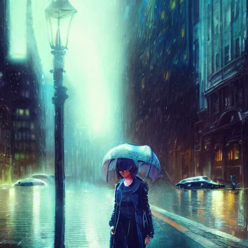 Prompt: detailed intricate digital illustration by greg rutkowski and artgerm and wlop and sanford robinson gifford and annie leibovitz ; girl standing in windy rainy city street, long exposure light streaks from car lights ; 1 3 mm film, cinestill 8 0 0 t, arri alfa anamorphic lens ; sharp focus ; trending on artstation 8 k close view