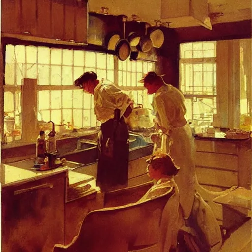 Prompt: a busy kitchen by mead schaeffer