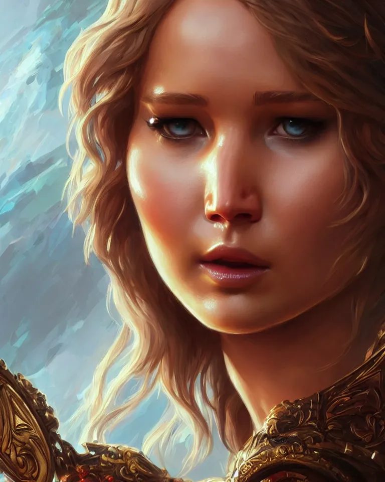 Image similar to Jennifer Lawrence, closeup, D&D, fantasy, intricate, elegant, highly detailed, digital painting, artstation, concept art, matte, sharp focus, illustration, hearthstone, art by Artgerm and Greg Rutkowski and Alphonse Mucha