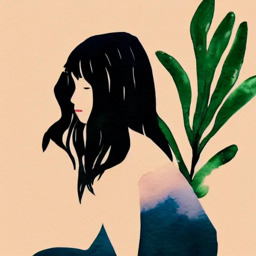 Image similar to a room full of beautiful house plants and a pretty woman with pale skin, long black hair with bangs, wearing shorts and t shirt, abstract, golden light, beautiful watercolor art trending on artstation