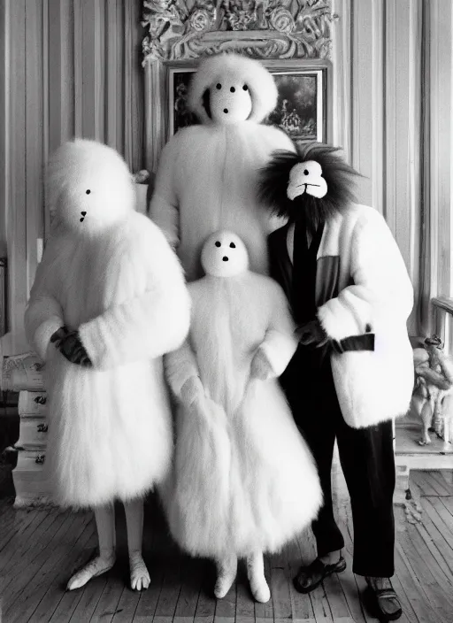 Image similar to realistic photo of the family wearing fluffy hairy masks, faceless, no face, white fluffy cotton shorts, white fluffy cloak, polished and fancy, standing in the wooden room full of wooden bird idol sculptures 1 9 9 0, life magazine reportage photo