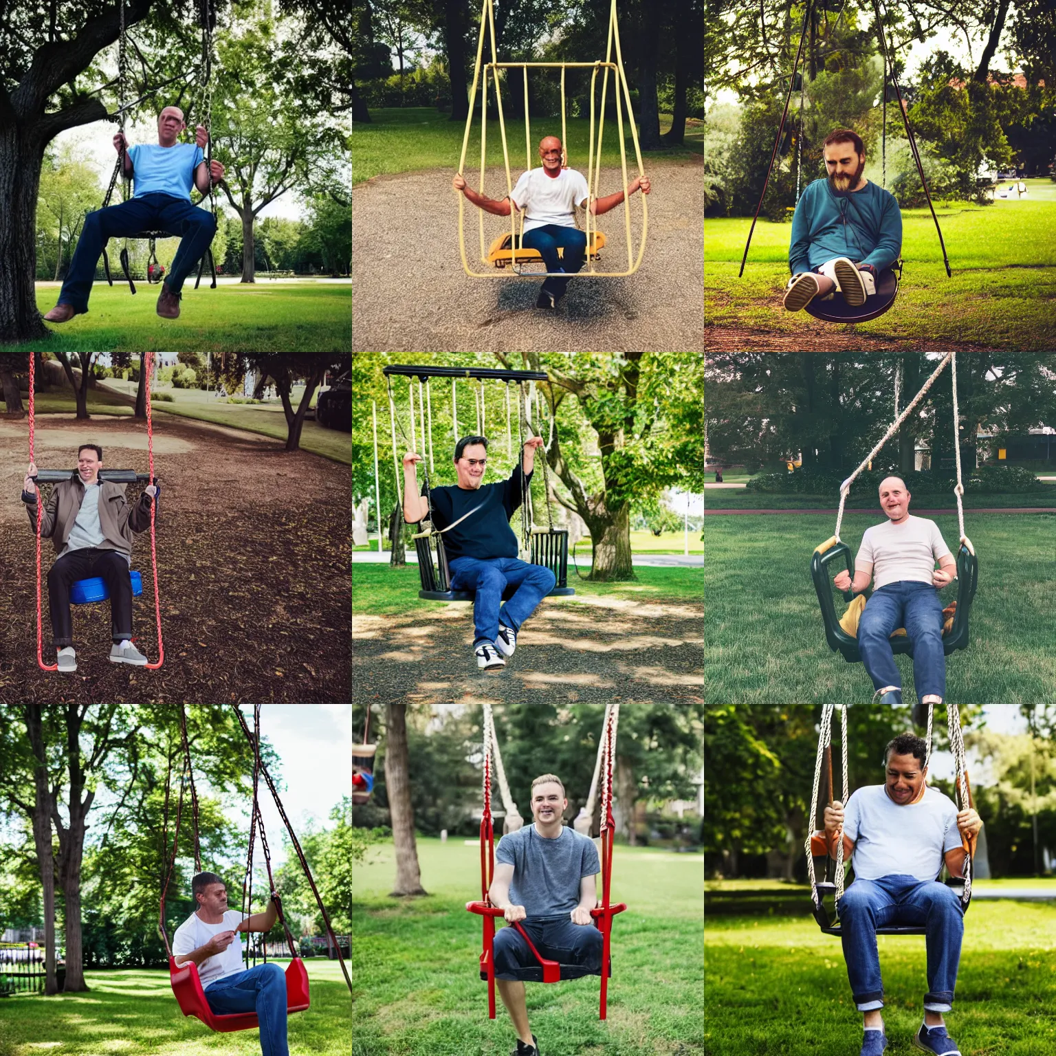 Prompt: a photo of a man sitting in a baby swing at the park