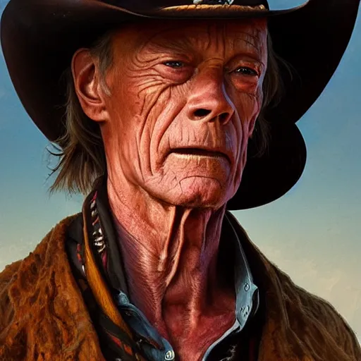 Prompt: a man, lance henriksen, cowboy hat, portrait, wild west, fantasy, highly detailed, digital painting, artstation, concept art, sharp focus, illustration, art by artgerm and greg rutkowski and alphonse mucha