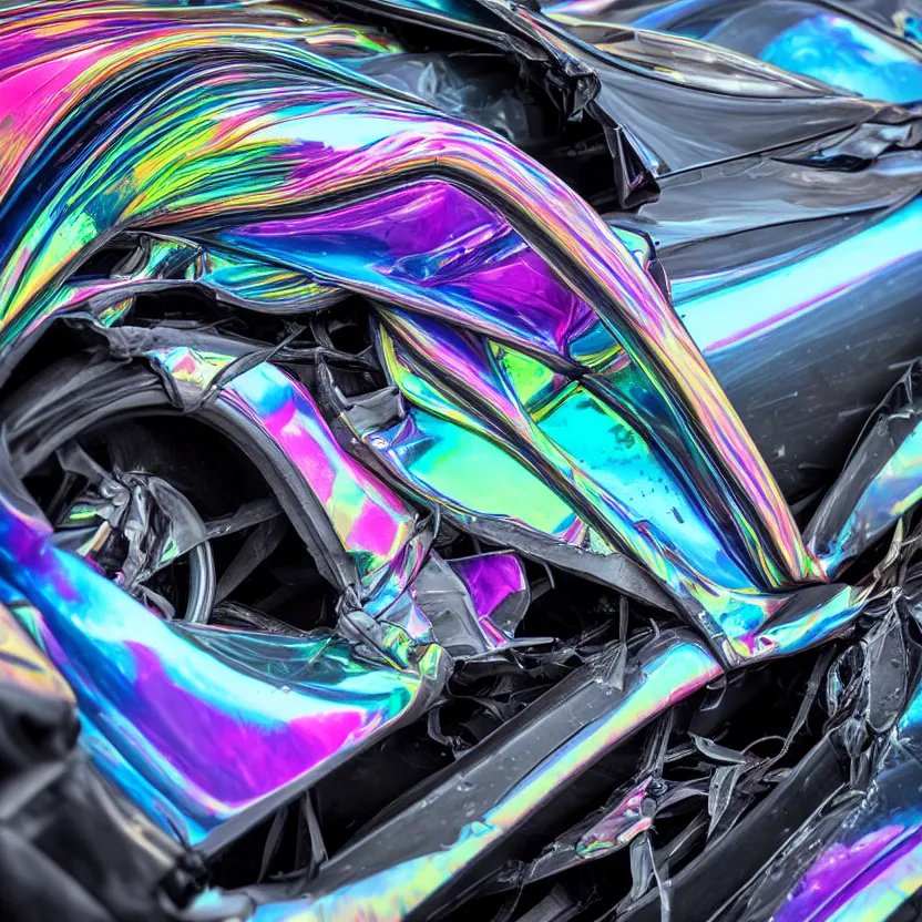 Image similar to close - up of an iridescent rainbow pagani huayra after crashing into a swimming pool, 4 k, highly detailed, award winning, look at all that detail!