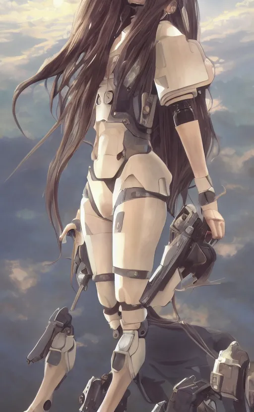 Image similar to girl with aircraft mecha legs, anime style, long hair, hair down, symmetrical facial features, from arknights, hyper realistic, pale skin, 4 k, rule of thirds, extreme detail, detailed drawing, trending artstation, hd, military gear, d & d, realistic lighting, by alphonse mucha, greg rutkowski, sharp focus, backlit