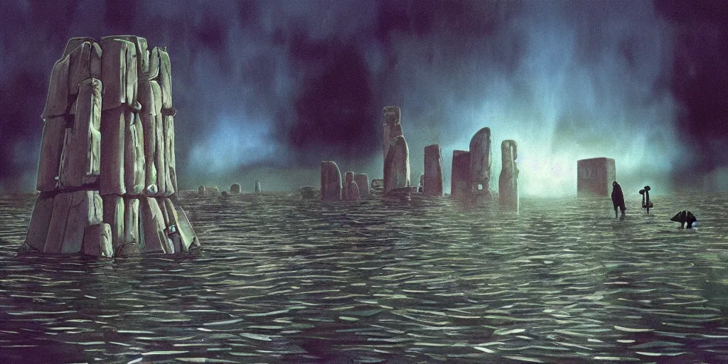 Prompt: a realistic and atmospheric cell - shaded concept art from howl's moving castle ( 2 0 0 4 ) of a multi - colored cube from close encounters of the third kind ( 1 9 7 7 ) over a flooded stonehenge. it is a misty starry night. very dull colors, hd, 4 k, hq