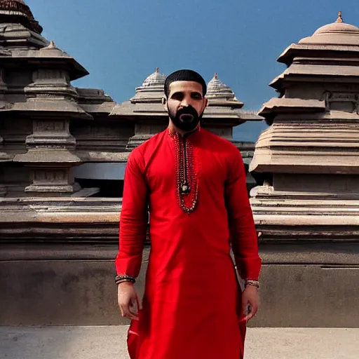 Image similar to drake, hindu temple in background, wearing a kurta, photograph