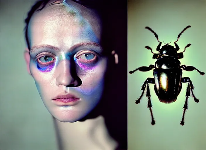 Image similar to Kodak Portra 400, 8K, soft light, volumetric lighting, highly detailed, britt marling style 3/4 , fine art portrait photography by Paolo Roversi, face and body merging with iridescent beetle, symbolic metamorphosis complex 3d render , 150 mm lens, art nouveau fashion embroidered,bust with intricate fractal details, elegant, hyper realistic, ultra detailed, octane render, underwater soft colours, emotionally evoking, head in focus, fantasy, elegant, soft blur background, volumetric lighting, highly detailed, Refined, Highly Detailed, soft lighting colors scheme, fine art photography, Hyper realistic, photo realistic