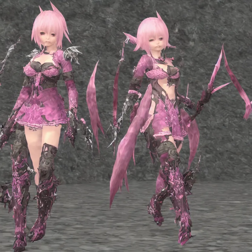 Image similar to A cute woman with horns, patches of scales, and a spiked tail, Au Ra, Final Fantasy XIV, pink clothing, ingame screenshot, friendly
