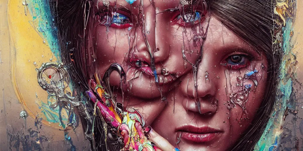 Prompt: portrait of Virgin Mary, melting ,8k,by tristan eaton,Stanley Artgermm,Tom Bagshaw,Greg Rutkowski,Carne Griffiths, Ayami Kojima, Beksinski, Giger,trending on DeviantArt,face enhance,hyper detailed,minimalist,cybernetic, android, blade runner,full of colour, super detailed