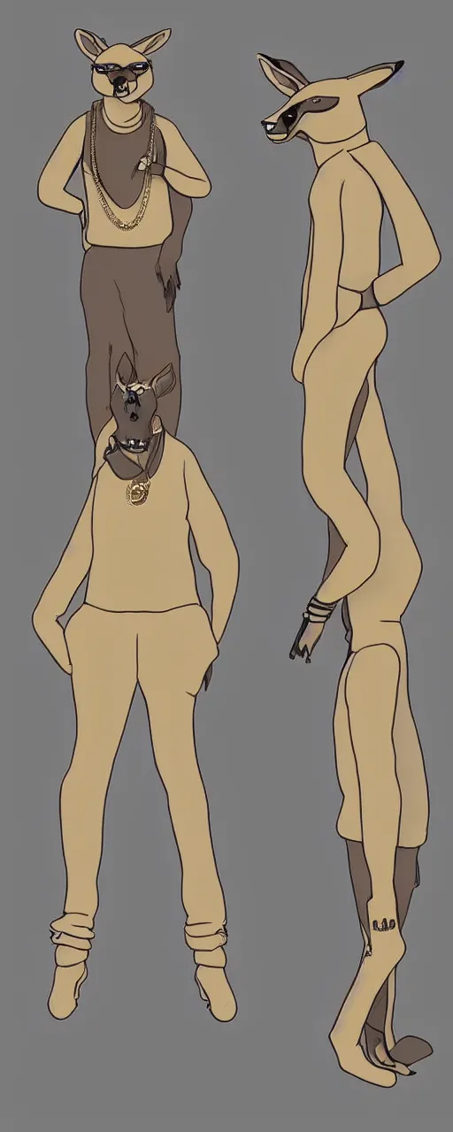Prompt: Kanye West kangaroo fursona full body reference sheet incredible details commission glasses, gold chain, bling, trending on /r/furry