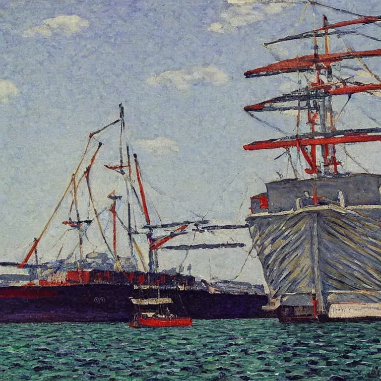 Image similar to a master gouache painting of a big ship docked at the harbor, sharp focus, very detaied, by gustave caillebottet