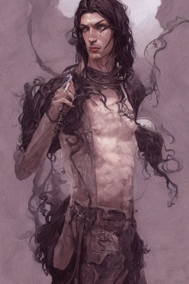 Image similar to skinny male fantasy alchemist, long dark hair, 1 9 2 0 s, elegant, highly detailed, intricate, smooth, sharp focus, artstation, digital paining, concept art, art by donato giancola, greg rutkowski, artgerm, cedric peyravernay