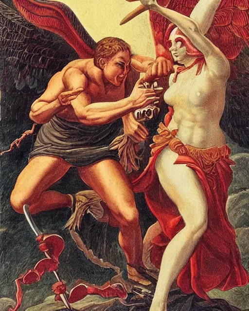 Image similar to devil fights angel, high detail, extremely detailed, very sharp, in the style of jost amman,